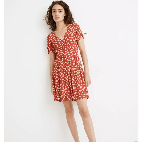 MADEWELL Button-Front Tie-Sleeve Retro Dress in Happy Hibiscus Sz 8 {K28} - Picture 1 of 7